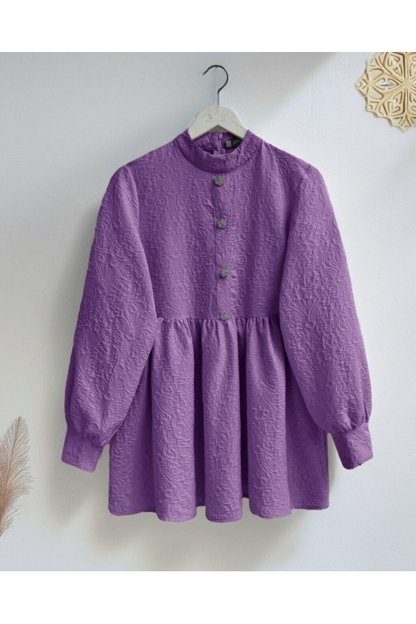 Front Stoned Button Detailed Pieced Back Zippered Tunic - Purple