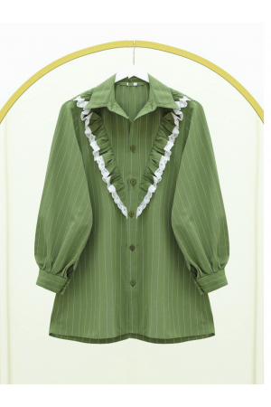 Buttoned Front Laced Ruffle Striped Shirt -Khaki