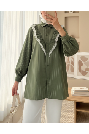 Buttoned Front Laced Ruffle Striped Shirt -Khaki
