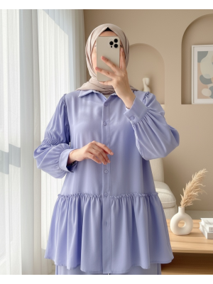 Koldan Büzgülü Fırfır Detaylı Gömlek -Mavi