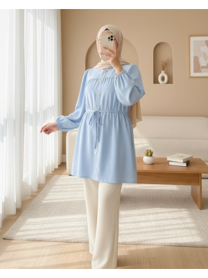 Taşlı Düğmeli Kolu Lastikli Bağlama Detaylı Gömlek -Bebe Mavi