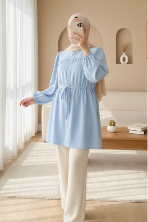 Taşlı Düğmeli Kolu Lastikli Bağlama Detaylı Gömlek -Bebe Mavi