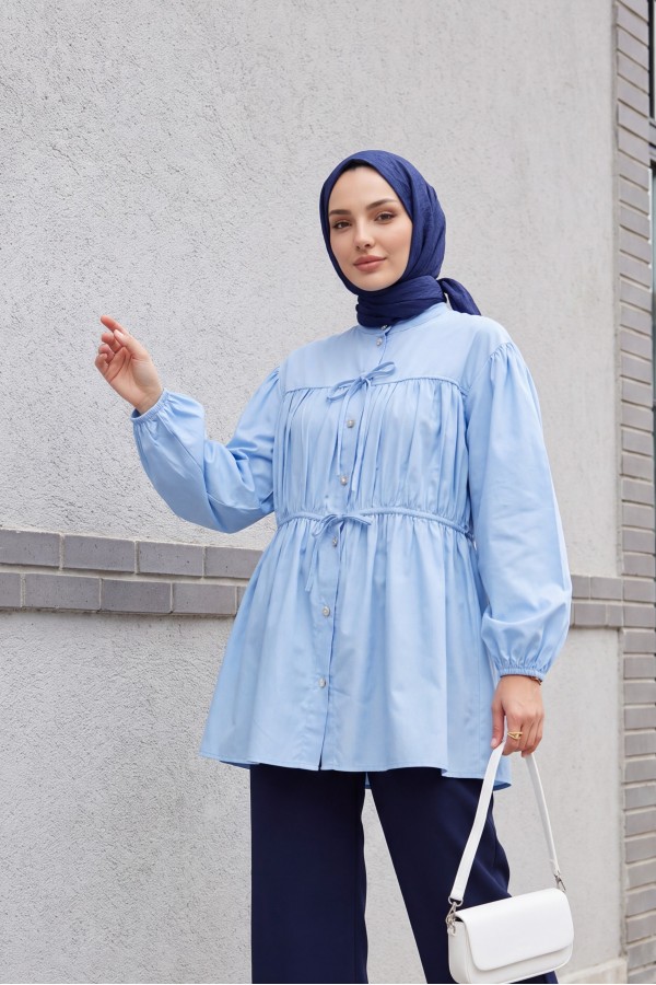 Shirt with Stoned Buttoned Sleeves and Elasticated Tie Detail -Baby Blue