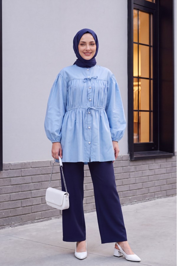Shirt with Stoned Buttoned Sleeves and Elasticated Tie Detail -Baby Blue