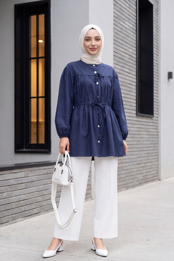 Shirt with Stoned Buttoned Sleeves and Elasticated Tie Detail -Navy blue