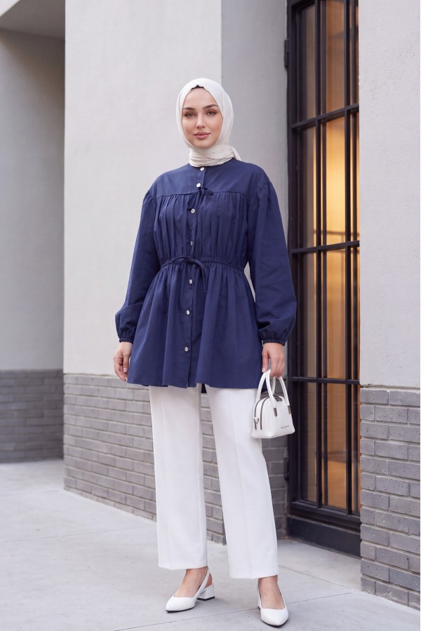 Shirt with Stoned Buttoned Sleeves and Elasticated Tie Detail -Navy blue