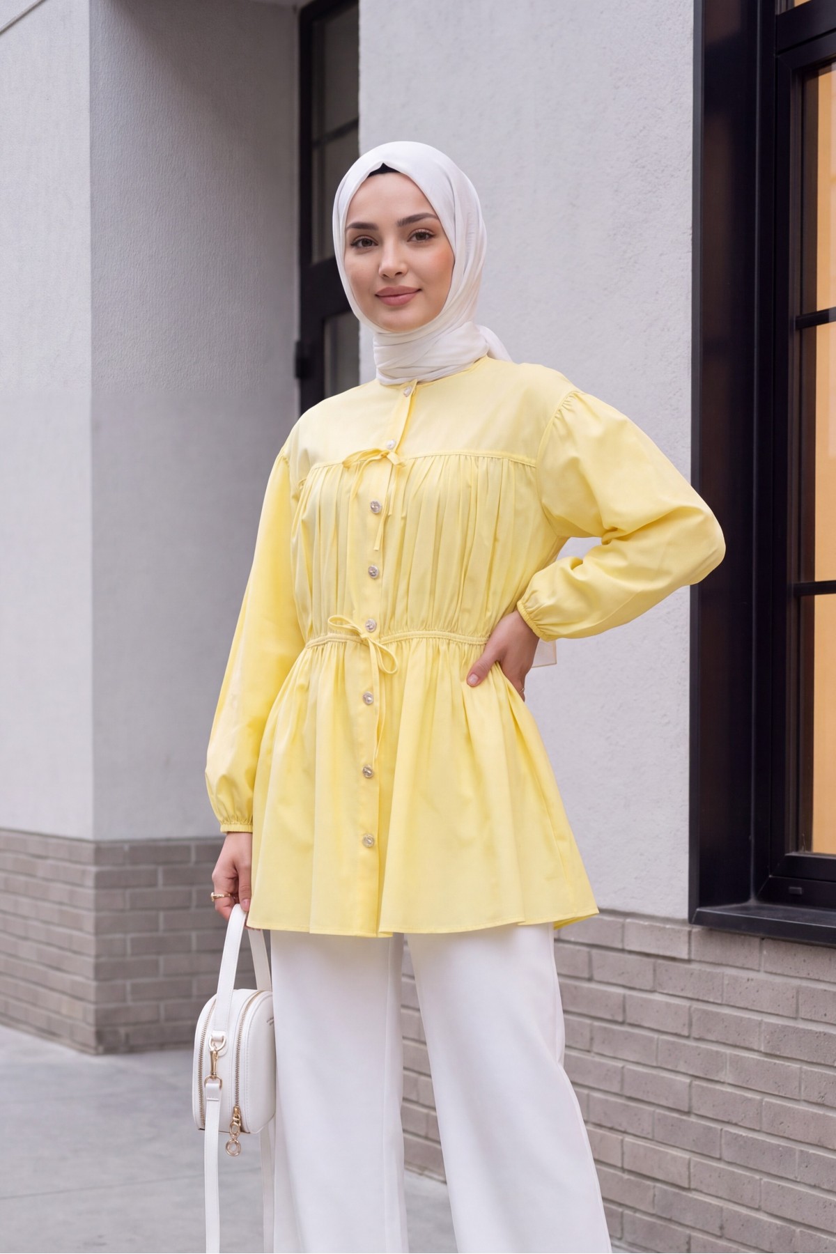 Shirt with Stoned Buttoned Sleeves and Elasticated Tie Detail -Yellow