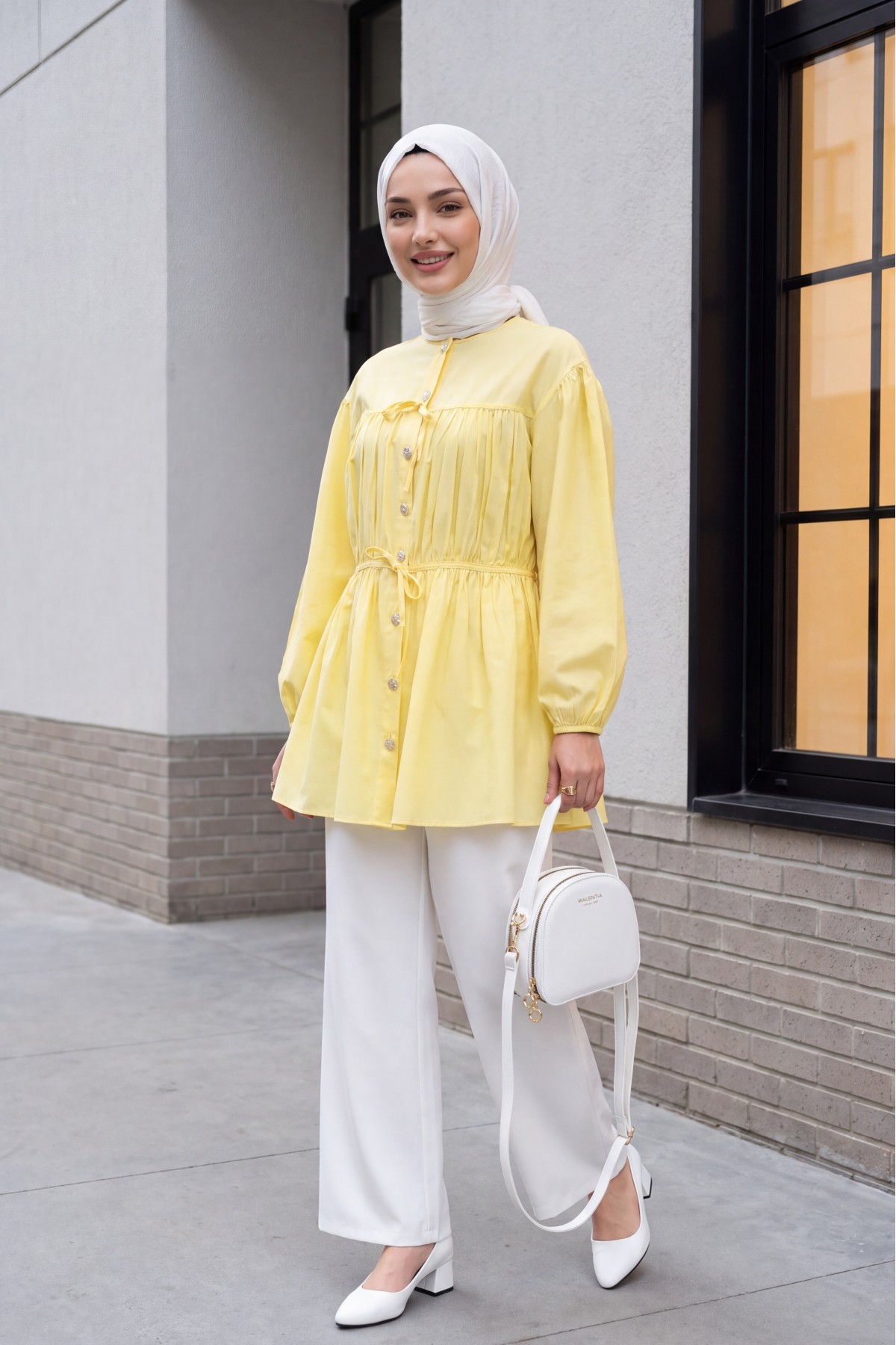 Shirt with Stoned Buttoned Sleeves and Elasticated Tie Detail -Yellow
