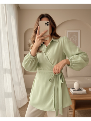 Çapraz Bağlamalı Kolu Lastikli Düğmeli Gömlek -Çağla Y.