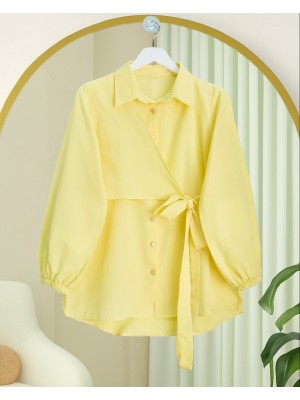 Çapraz Bağlamalı Kolu Lastikli Düğmeli Gömlek -Sarı