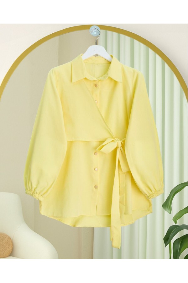 Cross-tie Button-down Shirt with Elastic Sleeves -Yellow