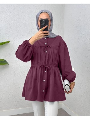 Taşlı Düğmeli Kolu Lastikli Bağlama Detaylı Gömlek  -Bordo