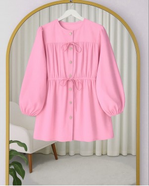 Taşlı Düğmeli Kolu Lastikli Bağlama Detaylı Gömlek  -Pembe