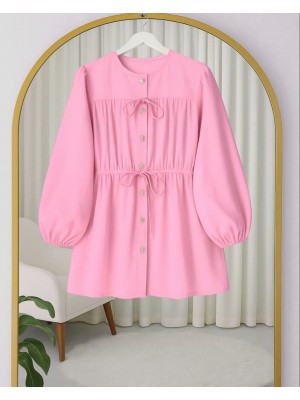 Taşlı Düğmeli Kolu Lastikli Bağlama Detaylı Gömlek  -Pembe