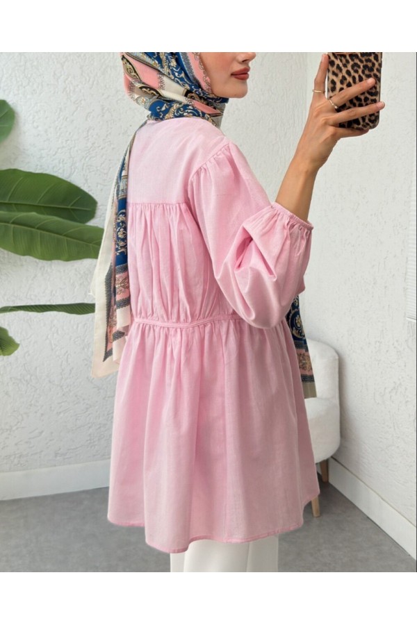 Shirt with Stoned Buttoned Sleeves and Elasticated Tie Detail  -Pink