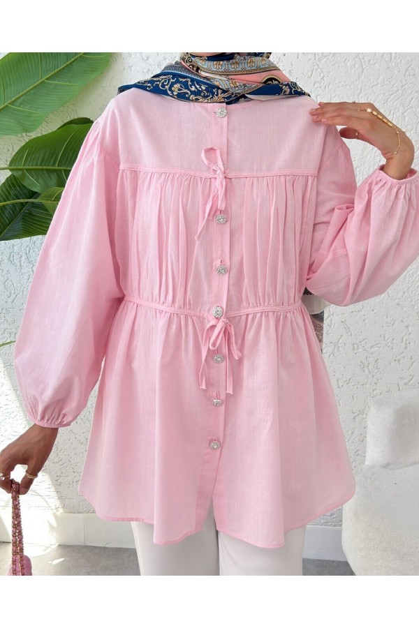 Taşlı Düğmeli Kolu Lastikli Bağlama Detaylı Gömlek  -Pembe