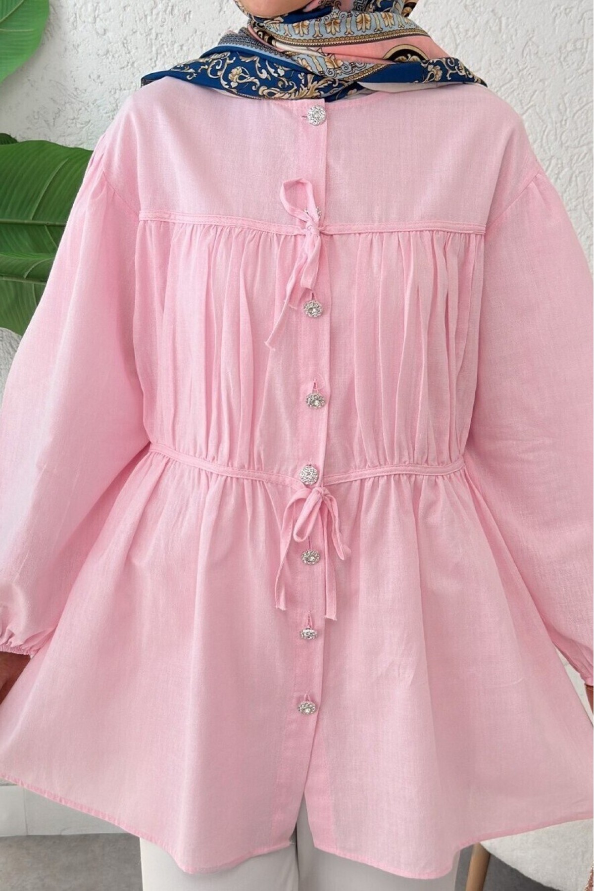 Taşlı Düğmeli Kolu Lastikli Bağlama Detaylı Gömlek  -Pembe