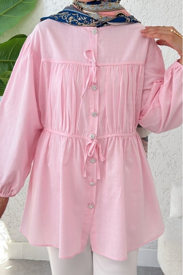 Shirt with Stoned Buttoned Sleeves and Elasticated Tie Detail  -Pink
