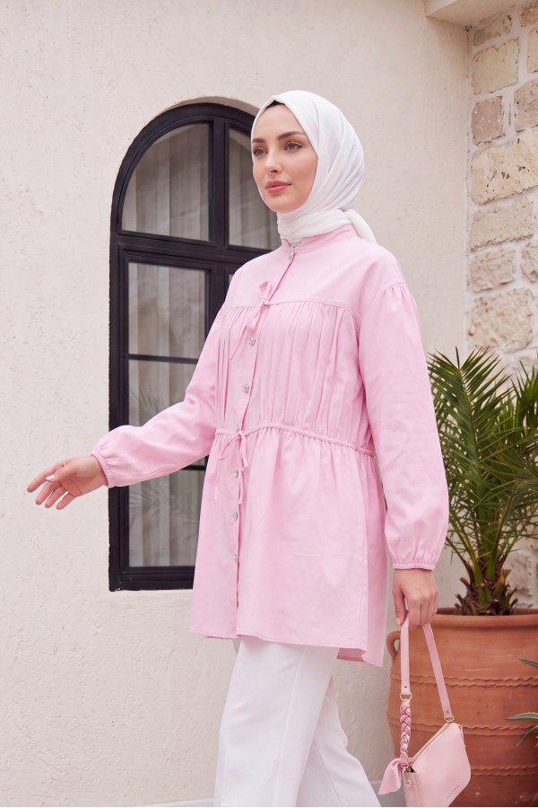 Taşlı Düğmeli Kolu Lastikli Bağlama Detaylı Gömlek  -Pembe
