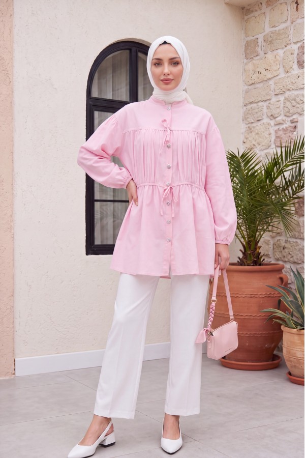 Taşlı Düğmeli Kolu Lastikli Bağlama Detaylı Gömlek  -Pembe