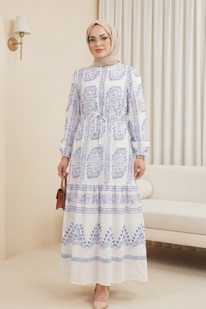 Tünel Bağcıklı Uzun Elbise -Beyaz