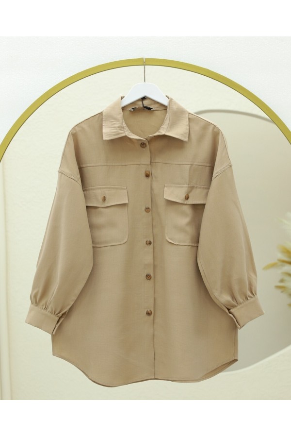 Double Pocket Button Down Shirt -Mink color
