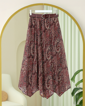 Asymmetrical Cut Lined Belted Chiffon Skirt -Maroon