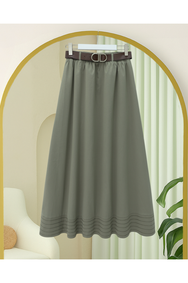 Etek Ucu Dikiş Detaylı Beli Lastikli Astarlı İthal Soft Gabardin Etek -Çağla Y.