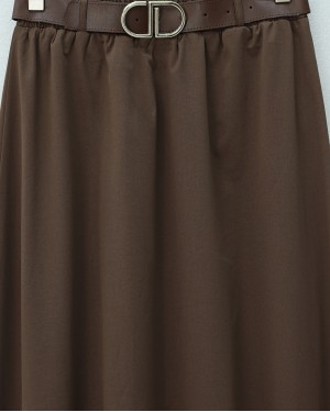 Imported soft gabardine skirt with hem stitching detail, elasticated waist, and lining. -Brown