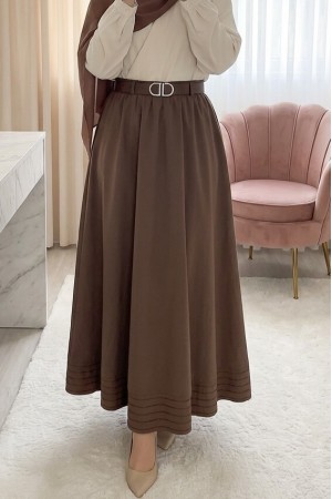 Etek Ucu Dikiş Detaylı Beli Lastikli Astarlı İthal Soft Gabardin Etek -Kahve