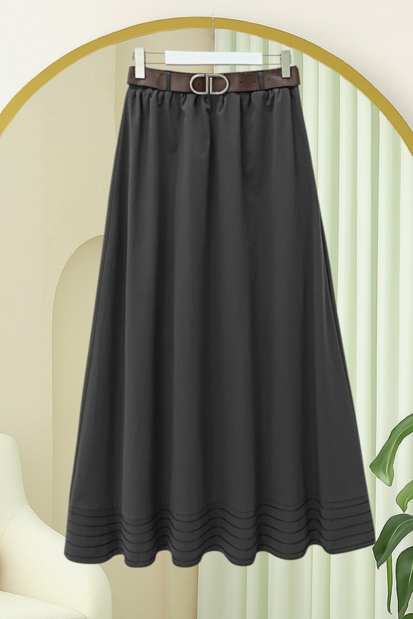 Imported soft gabardine skirt with hem stitching detail, elasticated waist, and lining. -Black
