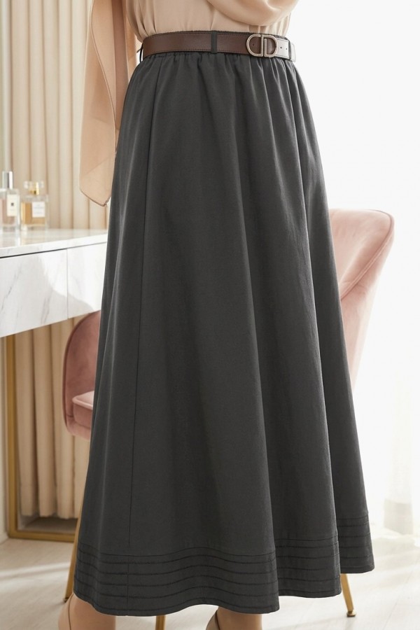 Imported soft gabardine skirt with hem stitching detail, elasticated waist, and lining. -Black