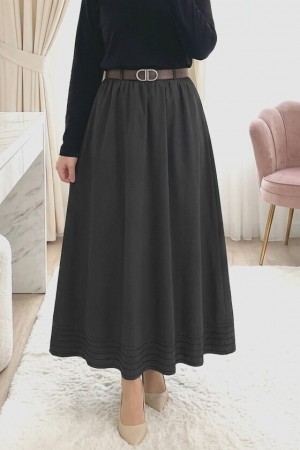 Etek Ucu Dikiş Detaylı Beli Lastikli Astarlı İthal Soft Gabardin Etek -Siyah