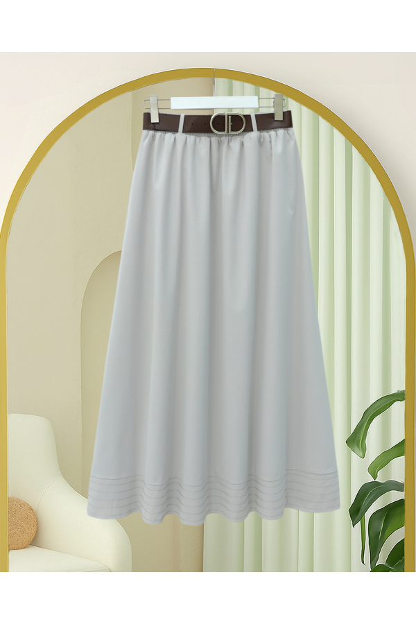 Imported soft gabardine skirt with hem stitching detail, elasticated waist, and lining. -Stone