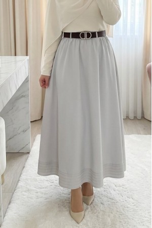 Etek Ucu Dikiş Detaylı Beli Lastikli Astarlı İthal Soft Gabardin Etek -Taş