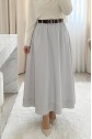 Etek Ucu Dikiş Detaylı Beli Lastikli Astarlı İthal Soft Gabardin Etek -Taş