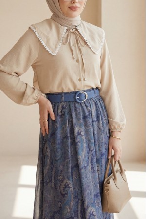 تنورة شيفون مبطنة بحزام وقصة غير متماثلة  -اللون النيلي