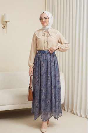 تنورة شيفون مبطنة بحزام وقصة غير متماثلة  -اللون النيلي