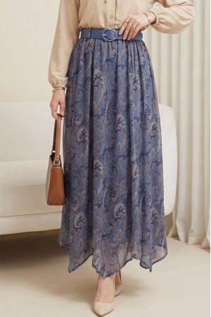 Asymmetrical Cut Lined Belted Chiffon Skirt  -İndigo