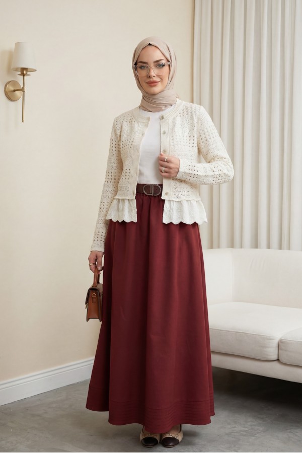 Imported soft gabardine skirt with hem stitching detail, elasticated waist, and lining.  -Maroon