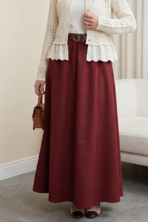 Etek Ucu Dikiş Detaylı Beli Lastikli Astarlı İthal Soft Gabardin Etek  -Bordo