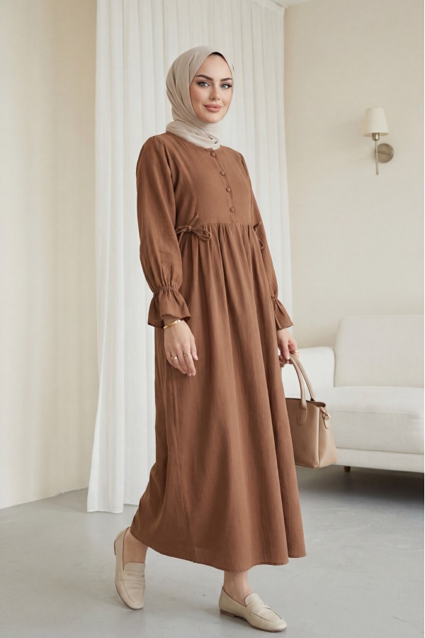 Half-Button Muslin Dress with Elasticated Sleeves and Tie Waist -Light coffee