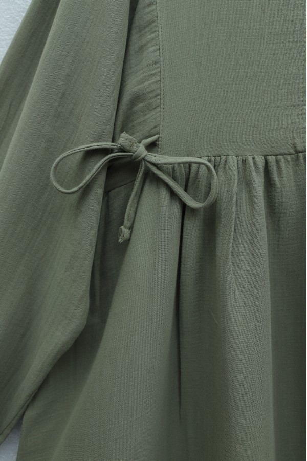 Half-Button Muslin Dress with Elasticated Sleeves and Tie Waist -Khaki