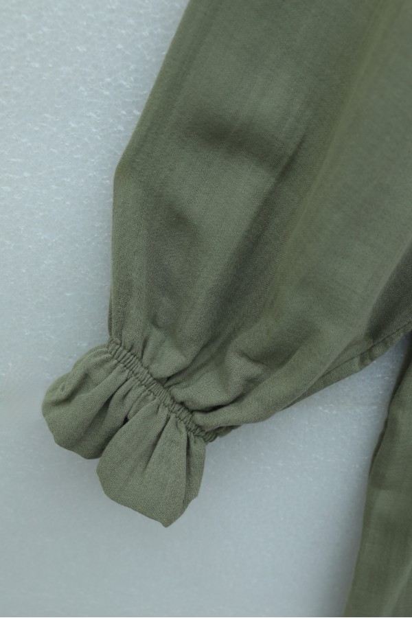 Half-Button Muslin Dress with Elasticated Sleeves and Tie Waist -Khaki