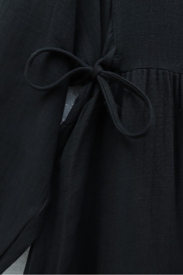 Half-Button Muslin Dress with Elasticated Sleeves and Tie Waist -Black