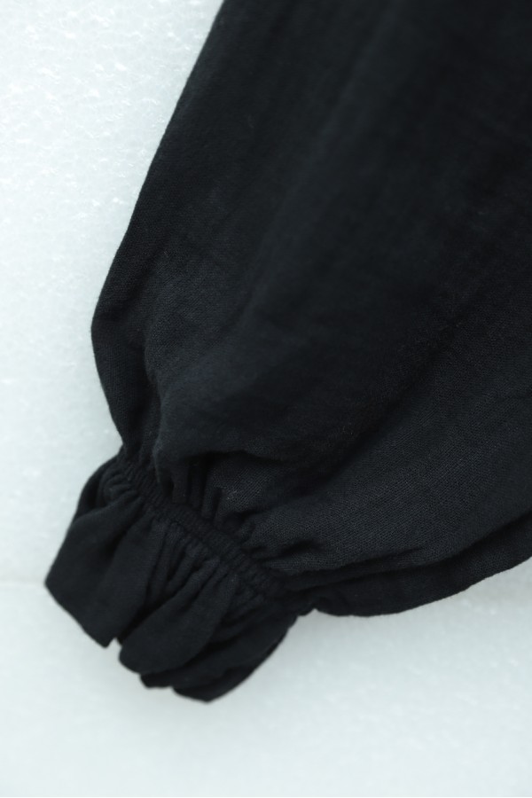 Half-Button Muslin Dress with Elasticated Sleeves and Tie Waist -Black