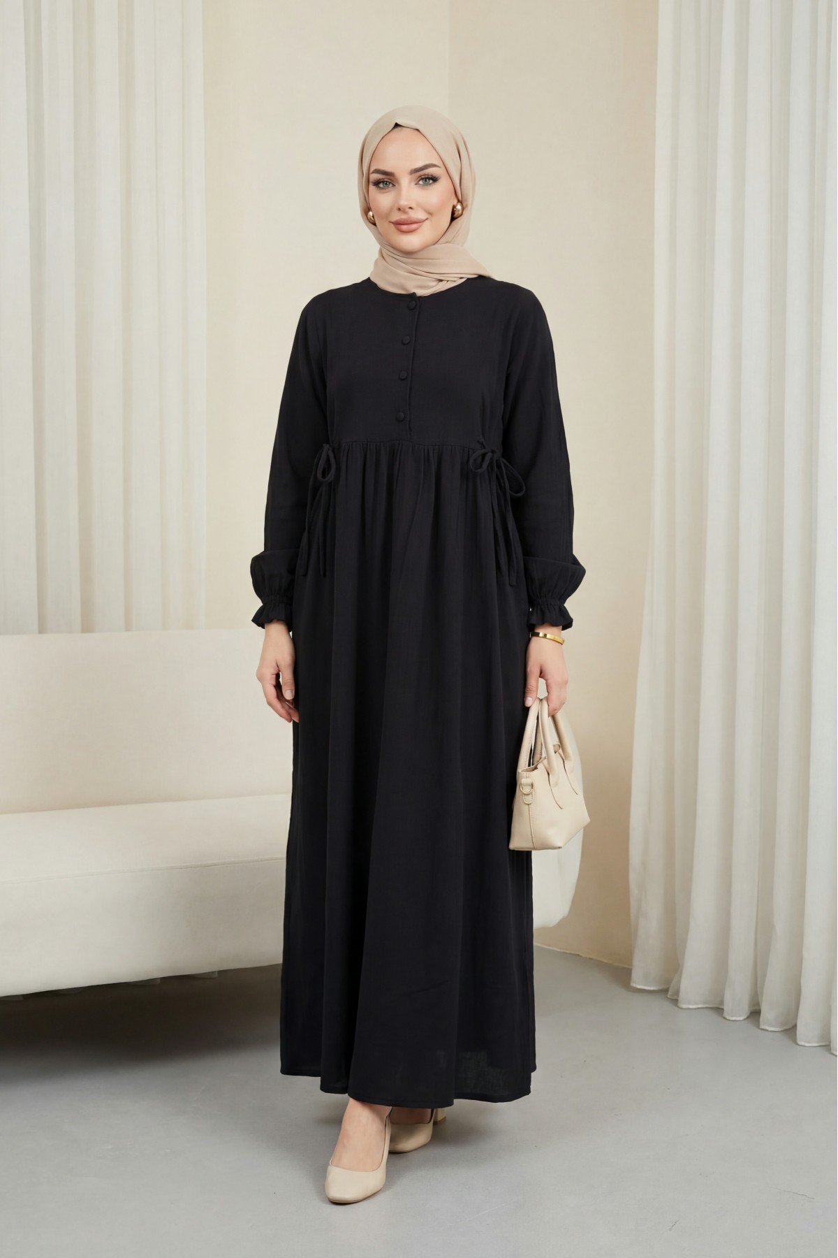 Half-Button Muslin Dress with Elasticated Sleeves and Tie Waist -Black