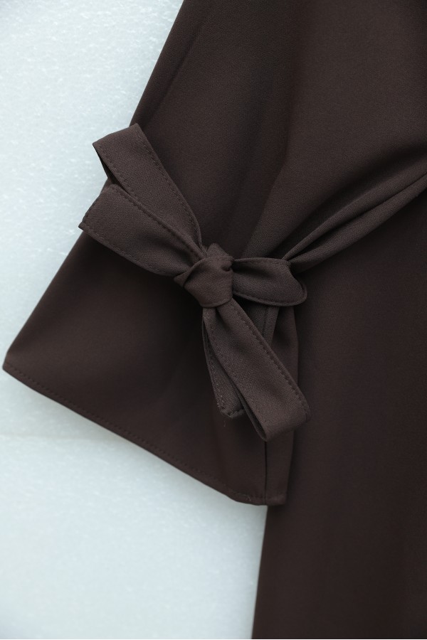 Long Double Dress with Lace-Up Sleeves -Brown