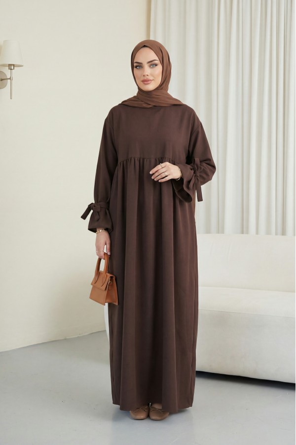 Long Double Dress with Lace-Up Sleeves -Brown