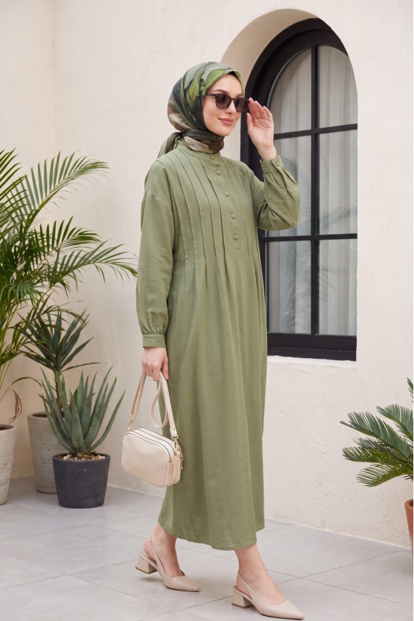 Front Ribbed Half-Button Muslin Dress -Khaki